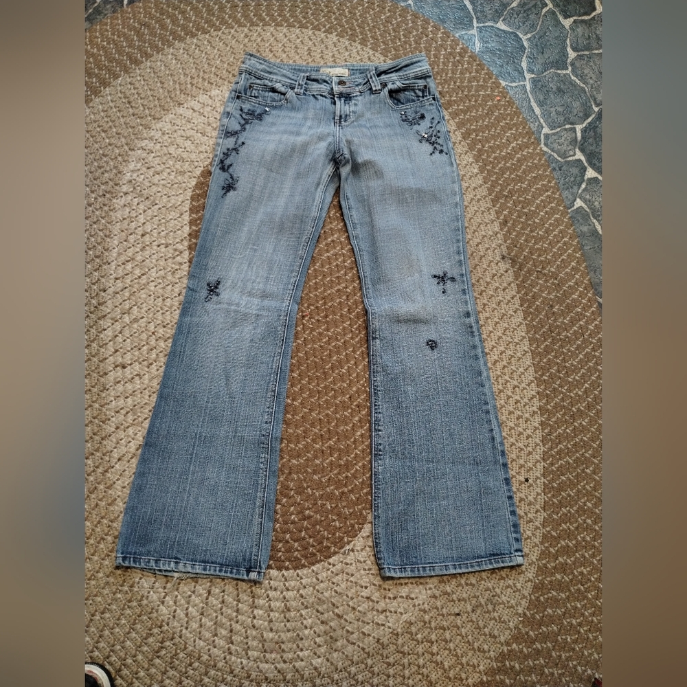 LEI Sequin Floral Embroidered Low Rise Flare Jeans VINTAGE 90S
